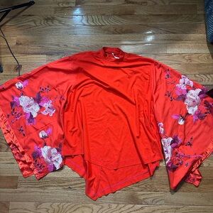 Free People Red Floral Embroidered Blouse